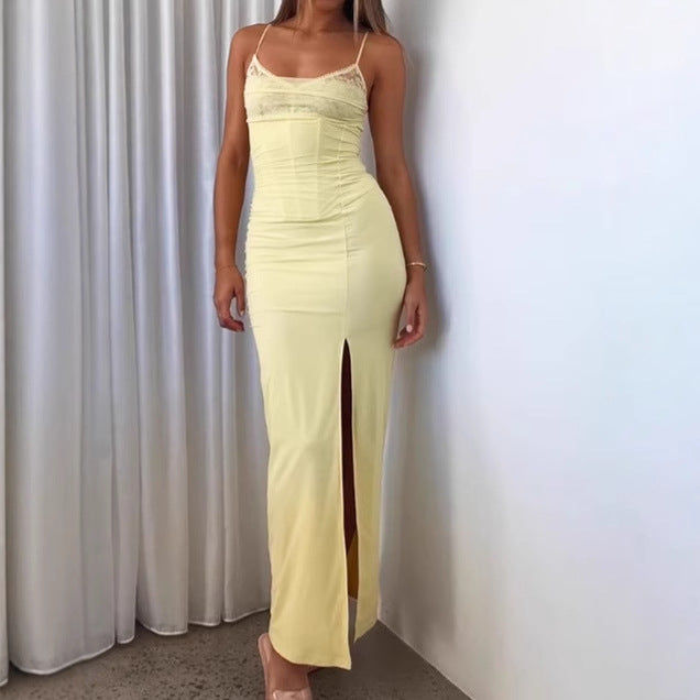 Damen Elegantes Maxikleid mit Spitzenelementen und schwingendem Schlitz R&B