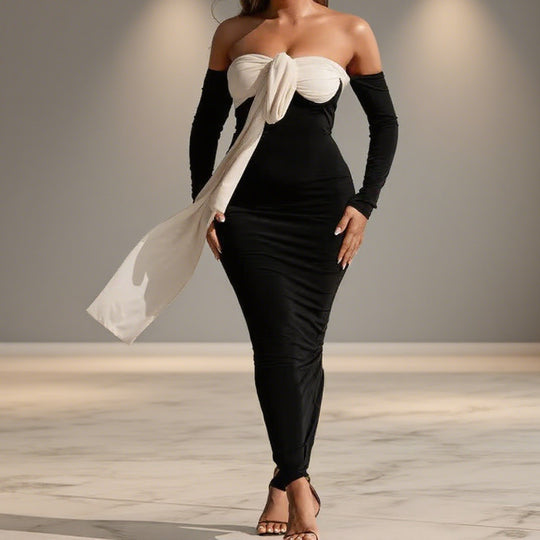 Damen Elegantes Off-Shoulder Maxikleid mit dekorativem Knoten und langen Ärmeln R&B