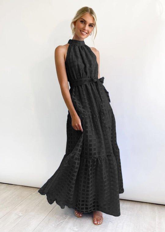 Damen Maxikleid mit raffiniertem Hochkragen und gestuftem Design R&B