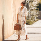 Damen Elegantes Häkel-Strandüberwurfkleid mit voluminösen Ärmeln und V-Ausschnitt R&B