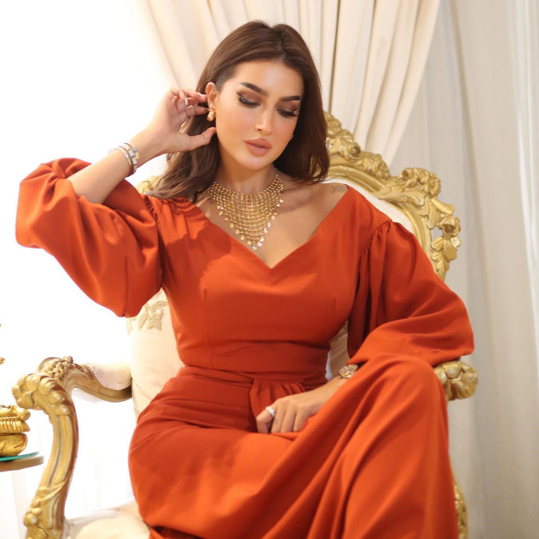 Damen Elegantes Maxikleid mit voluminösen Ärmeln und taillierter Drapierung R&B