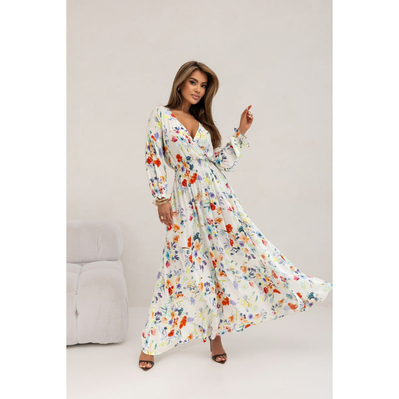 Damen Maxikleid mit tiefem V-Ausschnitt und voluminösen Ärmeln R&B