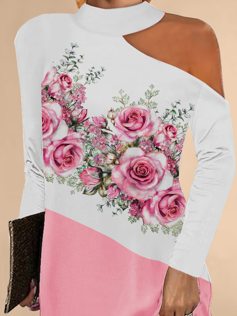 Damen asymmetrisches Blusenkleid mit floralem Motiv und elegantem Halsschnitt R&B