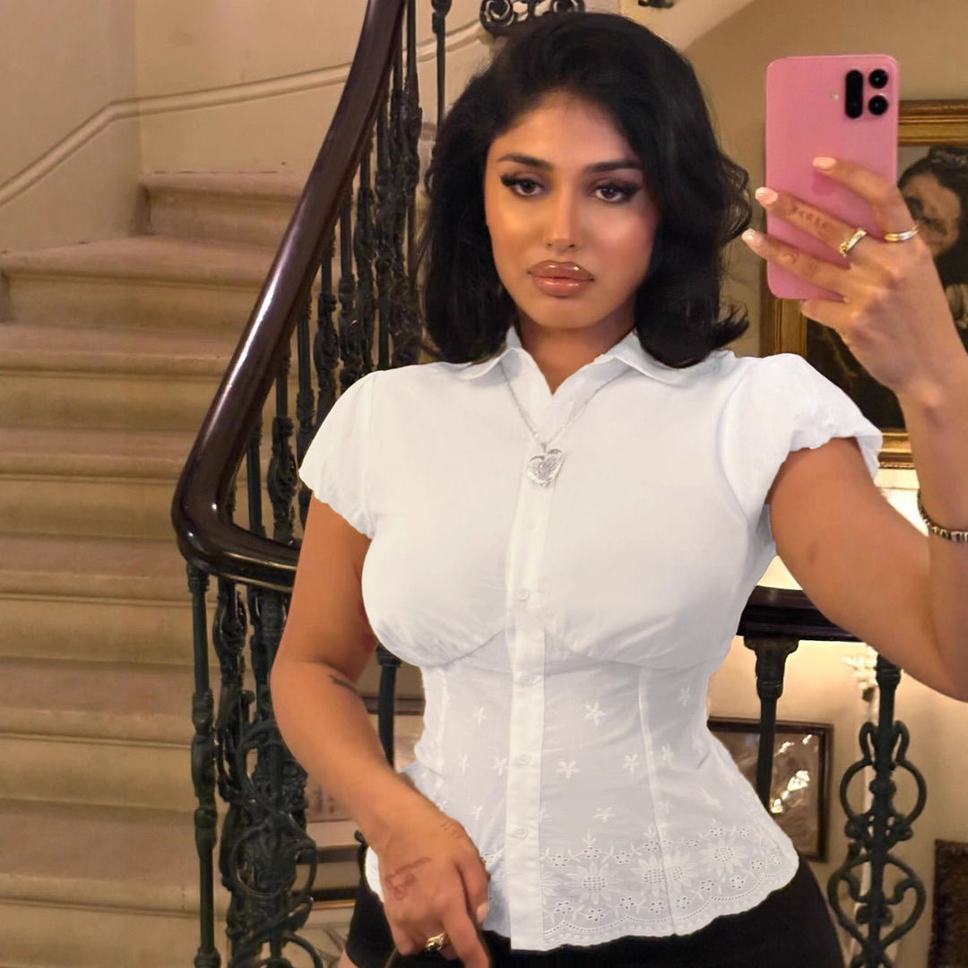 Damen elegante Bluse mit floralen Stickereien und gepufften Ärmel R&B