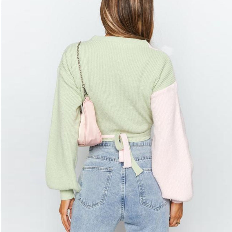 Damen Eleganter V-Ausschnitt Pullover mit farblich abgesetzten Ärmeln und strukturierter Oberfläche R&B