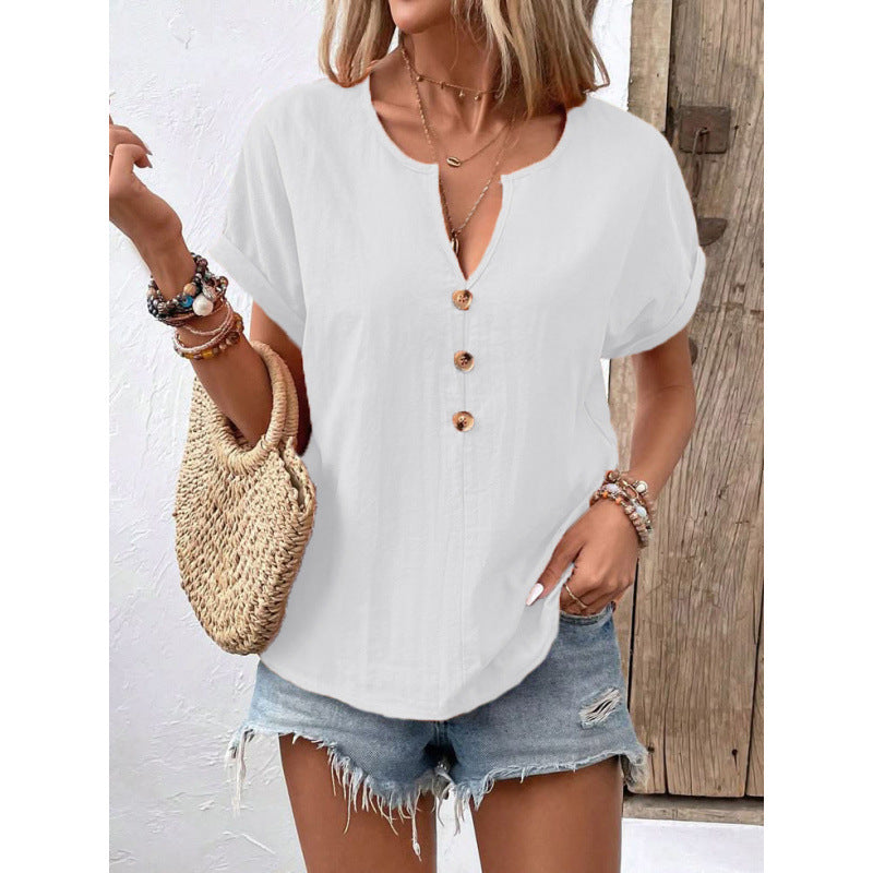 Damen lässige Bluse mit Knopfleiste und rundem Ausschnitt R&B