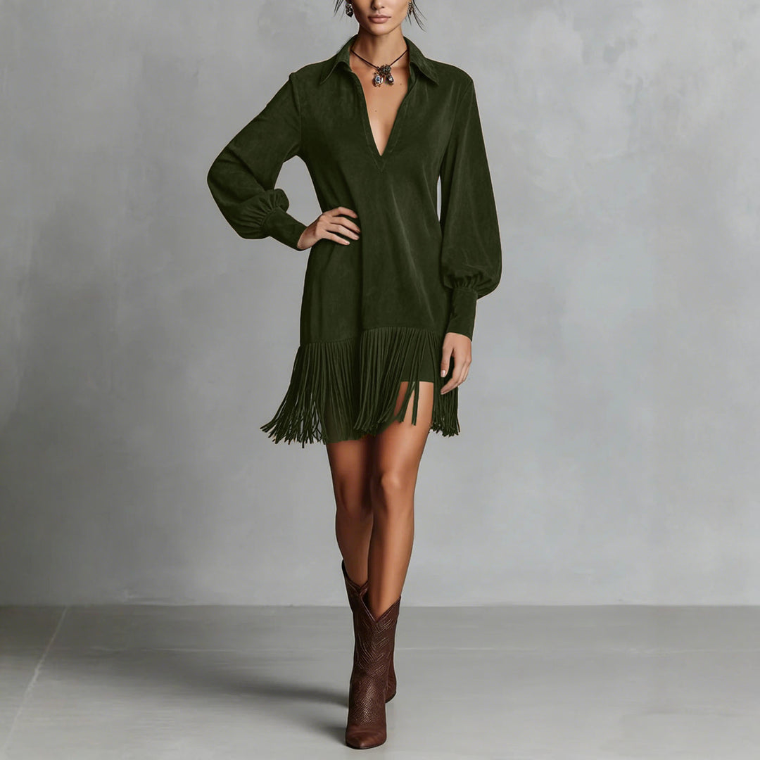 Damen Tunika-Kleid mit Fransen und V-Ausschnitt R&B