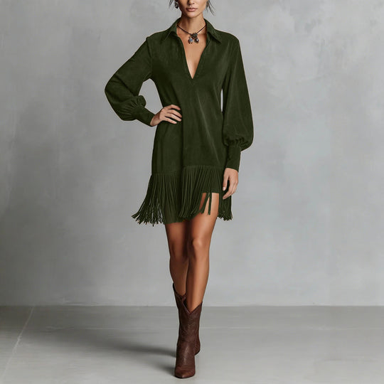 Damen Tunika-Kleid mit Fransen und V-Ausschnitt R&B