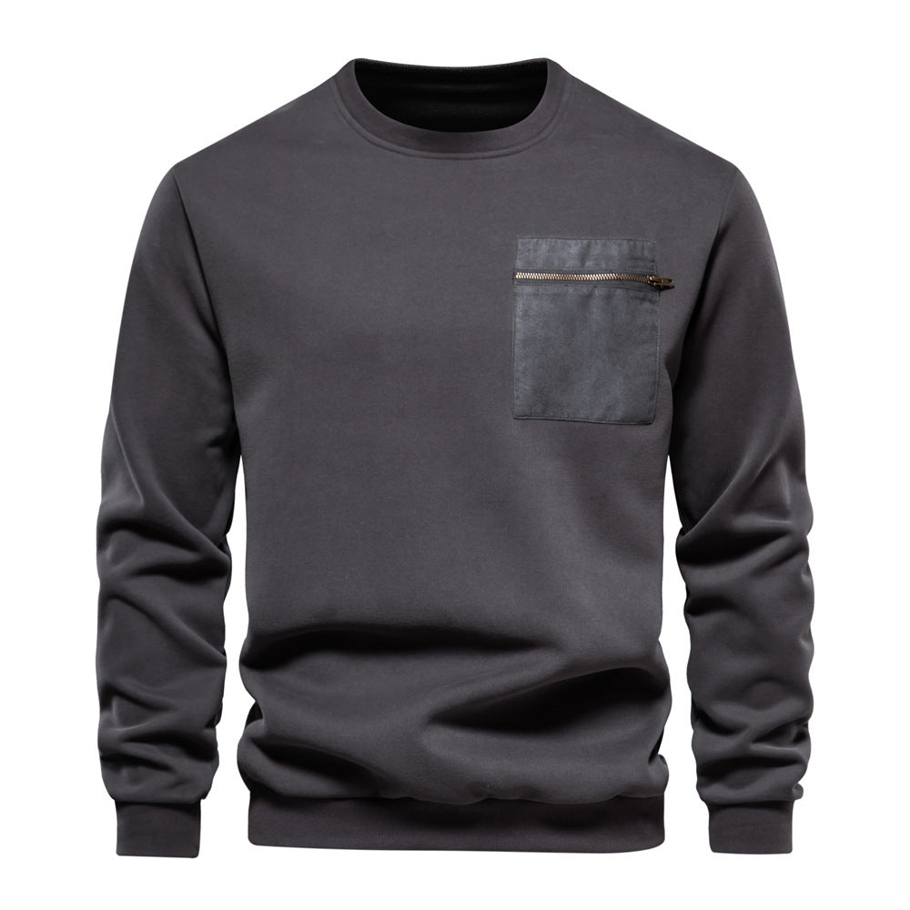 Herren nan Sweatshirt mit Rundhalsausschnitt, aufgesetzter Brusttasche mit horizontalem Reißverschluss und geripptem Saum R&B