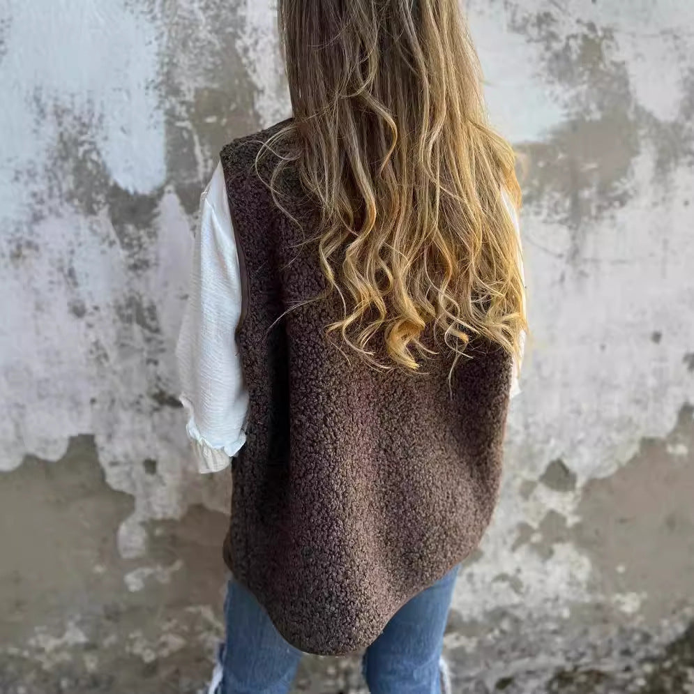 Damen Flauschige Weste mit Knöpfen R&B