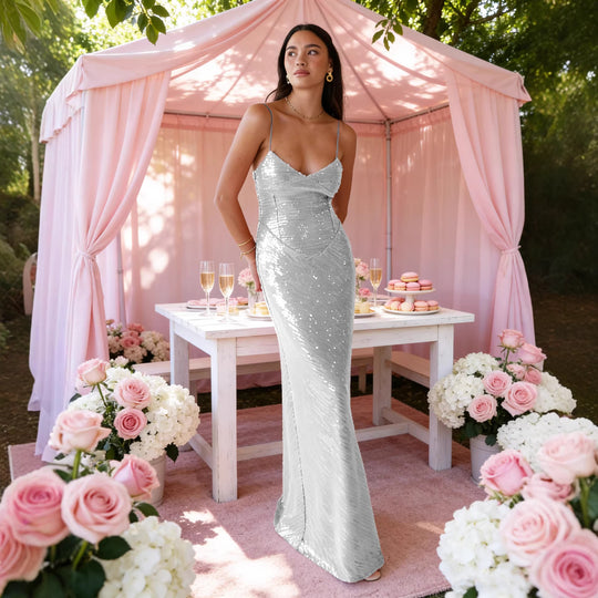Damen Elegantes Abendkleid mit funkelnden Pailletten und tiefem V-Ausschnitt R&B