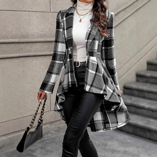 Damen Elegante und fließende Karojacke mit asymmetrischem Saum R&B