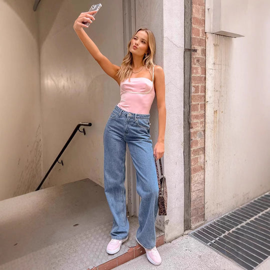 Damen Hohe Taille Jeans mit weitem Bein und klassischem Schnitt R&B