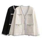 Damen elegante Strickjacke mit dekorativen Perlenknöpfen und praktischen Taschen R&B