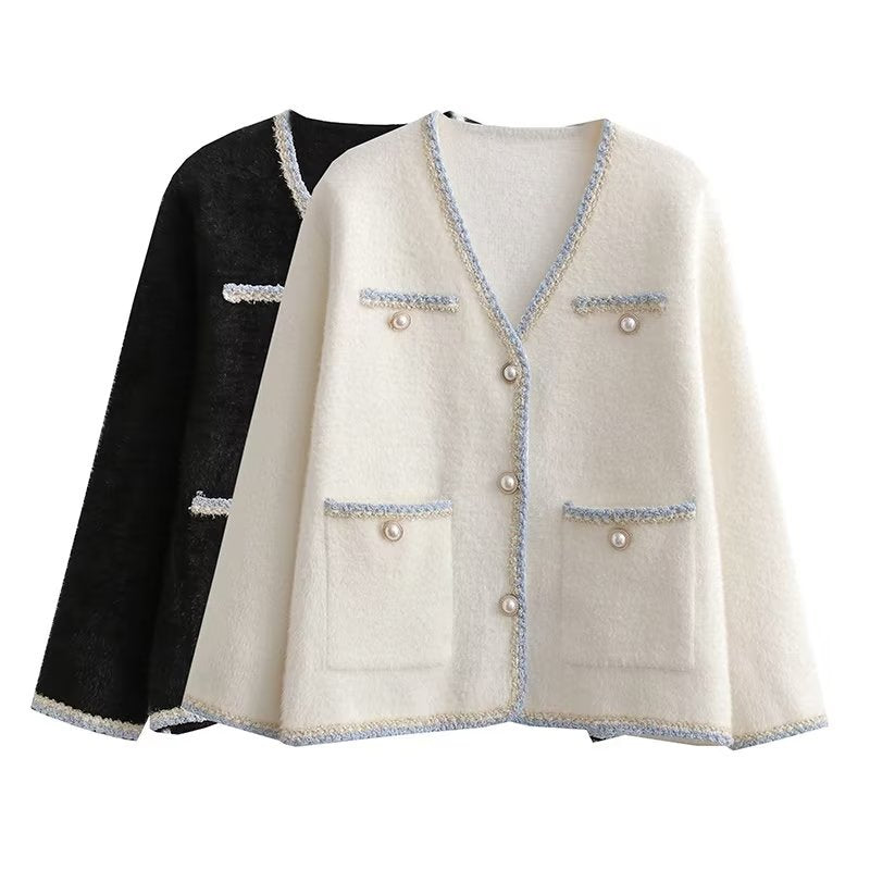 Damen elegante Strickjacke mit dekorativen Perlenknöpfen und praktischen Taschen R&B