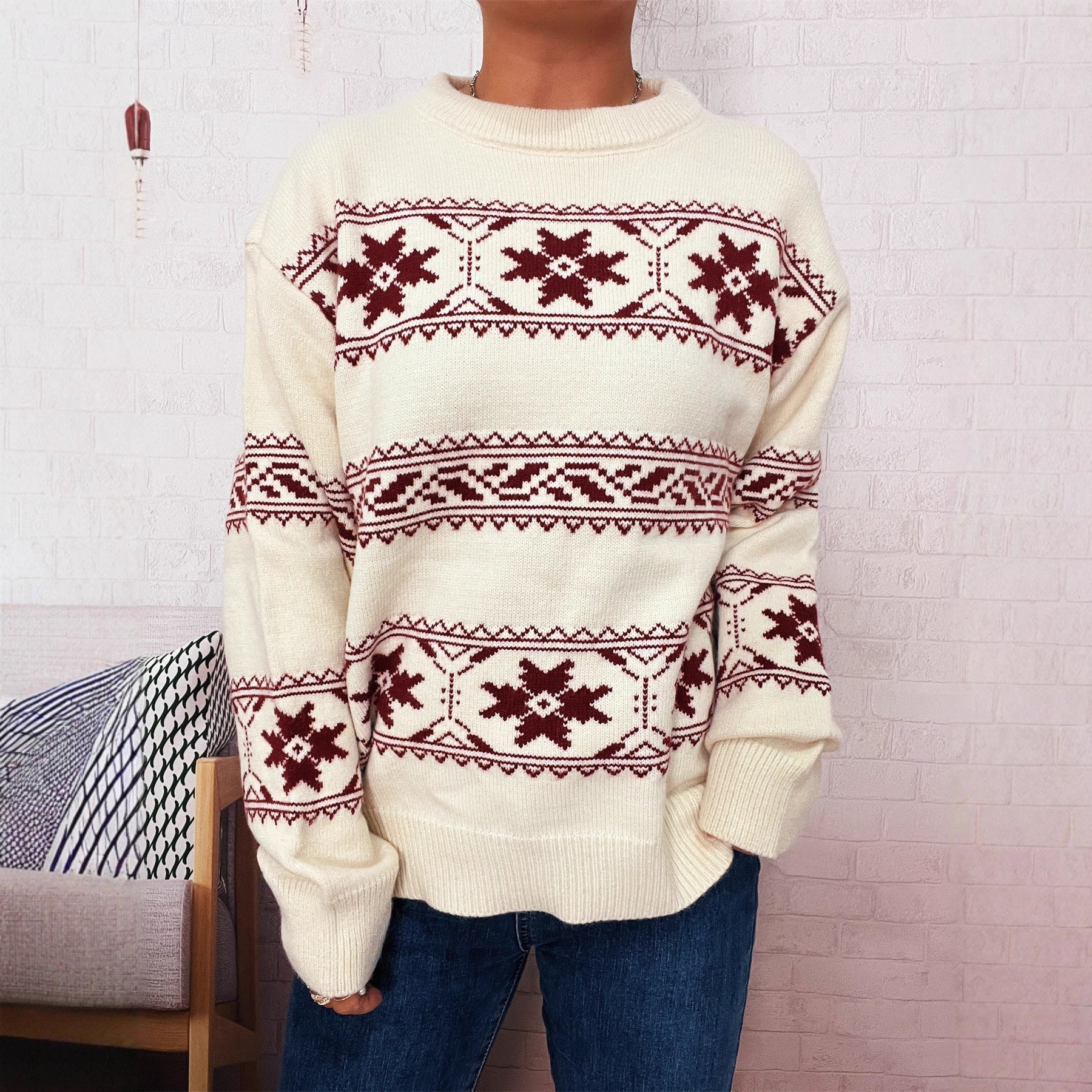 Damen Winterpullover mit festlichem Schneemuster und weichem Strick R&B