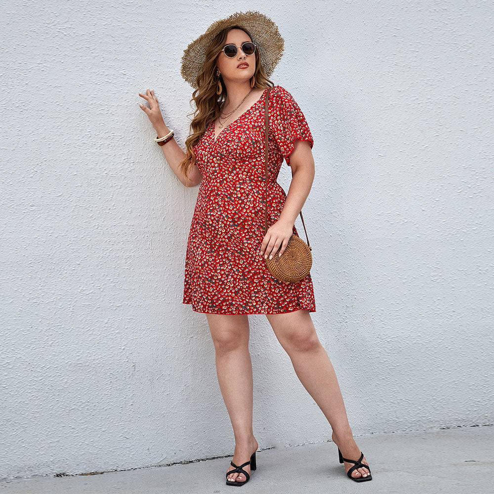 Damen Blütensommerkleid mit V-Ausschnitt und lockeren Ärmeln R&B