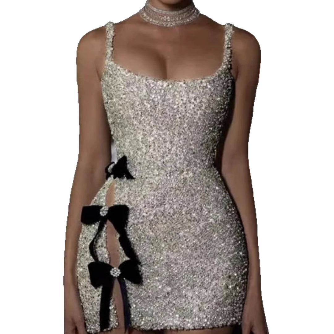 Damen Glamouröses Pailletten-Minikleid mit süßen Schleifen und figurbetontem Design R&B