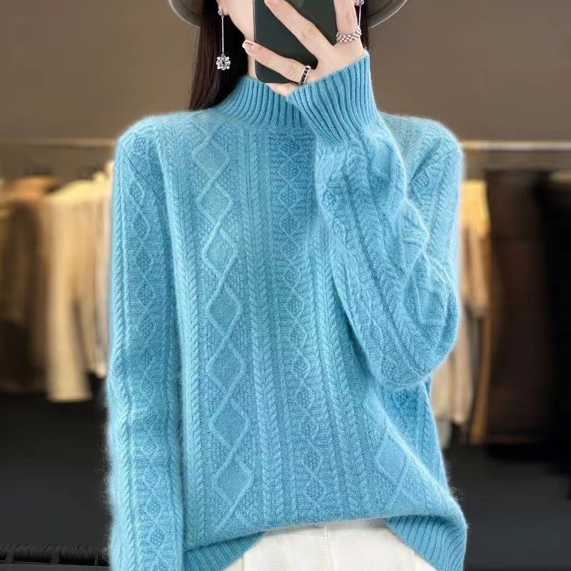 Damen Hochwertiger Strickpullover mit Stehkragen und Zopfdesign R&B