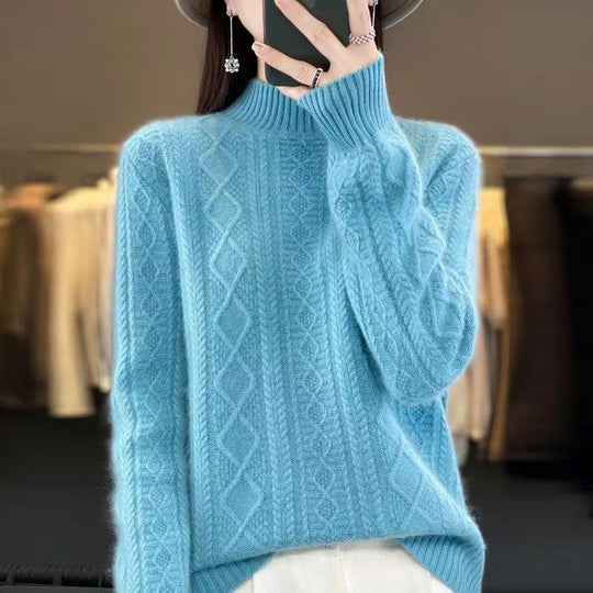 Damen Hochwertiger Strickpullover mit Stehkragen und Zopfdesign R&B