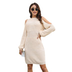 Damen Strickkleid mit Off-Shoulder-Design und langen Puffärmeln R&B