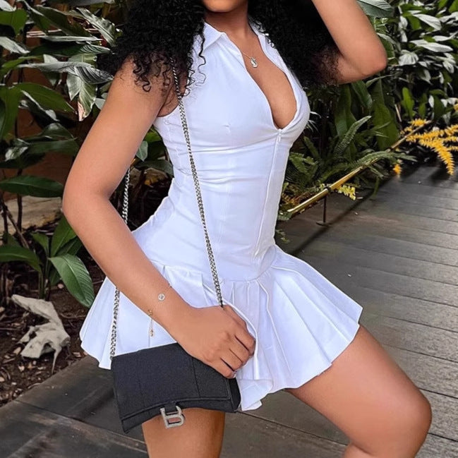 Damen Minikleid mit voluminösem Rock und tiefem V-Ausschnitt R&B