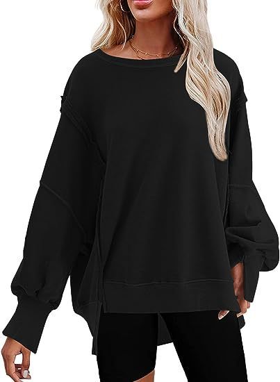 Damen lässiger Sweatshirt mit Ballonärmeln und seitlichen Schlitzen R&B