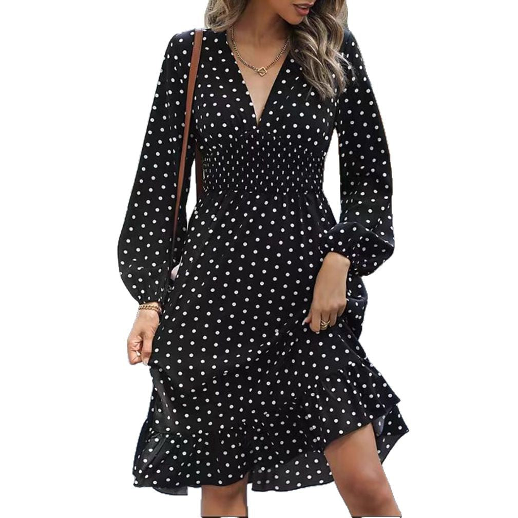 Damen nan punktiertes A-Linienmidikleid mit V-Ausschnitt, smocktaillenbund und zweistufigem Volant R&B