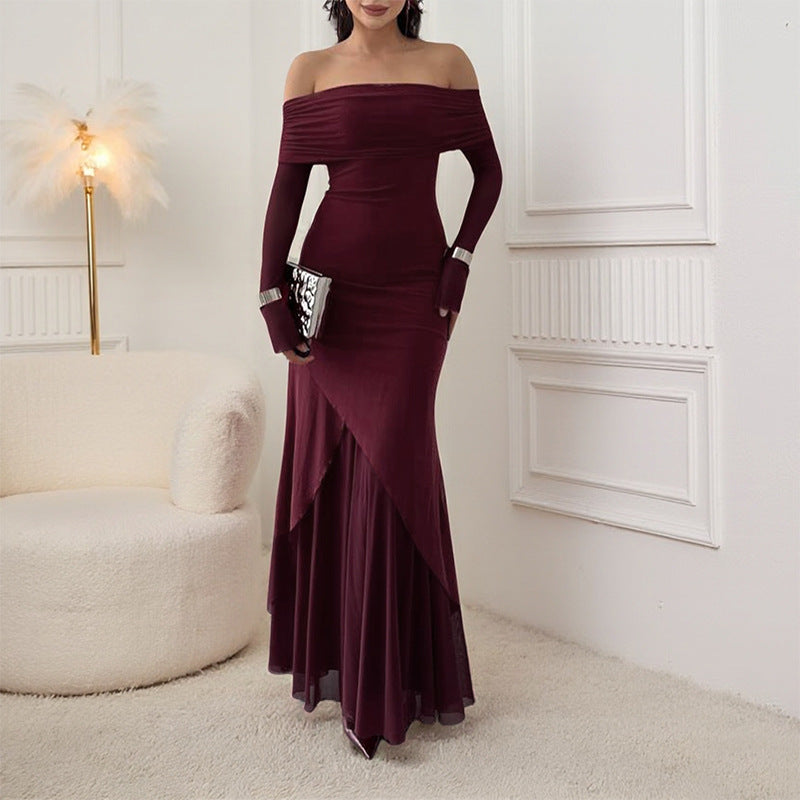 Damen elegantes schulterfreies Maxikleid mit raffiniertem Rüschenoberteil und asymmetrischem Saum R&B