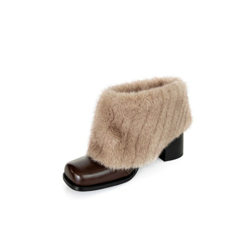 Damen Elegante Stiefeletten mit luxuriösem Kunstfellkragen und bequemem Blockabsatz R&B