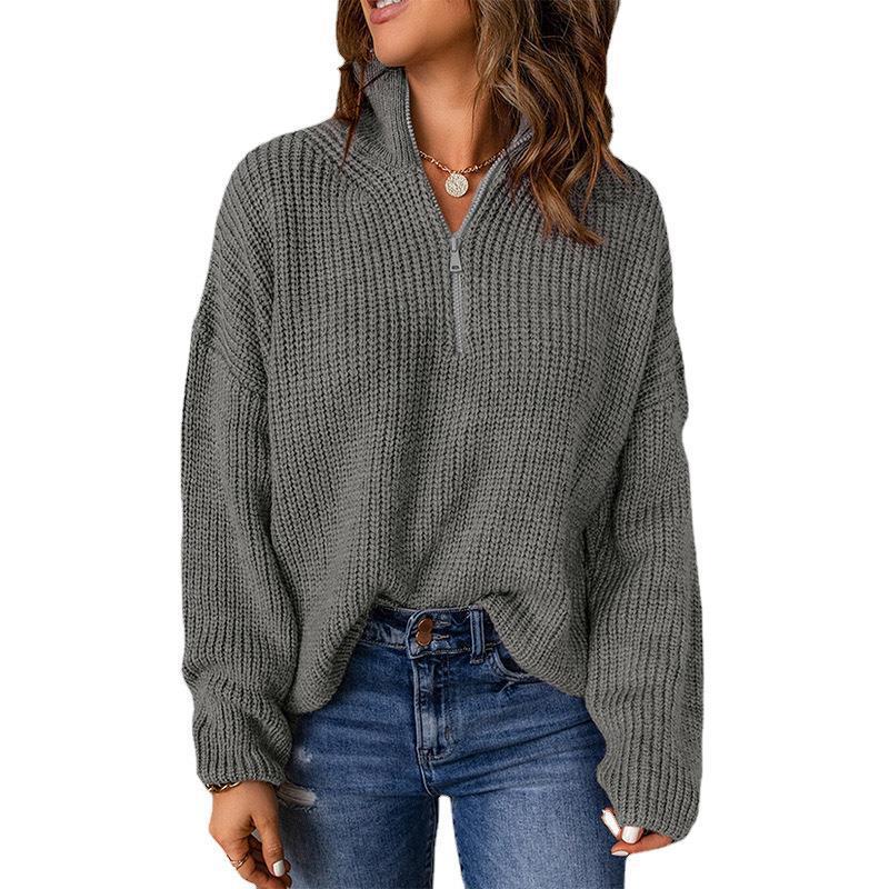 Damen Grobstrickpullover mit Stehkragen und Reißverschluss R&B