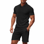 Herren nan lässiges Waffelstruktur-Freizeitset mit Reverskragen-Kurzarmshirt und elastischen Freizeitshorts R&B