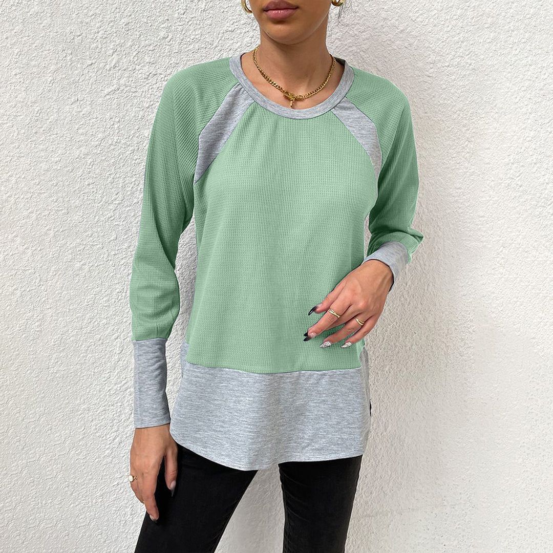 Damen lässiges Langarmshirt mit Waffle-Struktur und Kontrastärmeln R&B