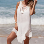 Damen luftiges Häkel-Strandkleid mit V-Ausschnitt und romantischem Saum R&B