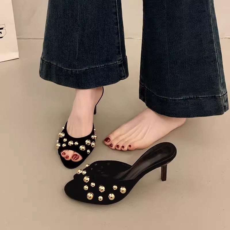 Damen elegante Mules mit goldenen Perlen R&B