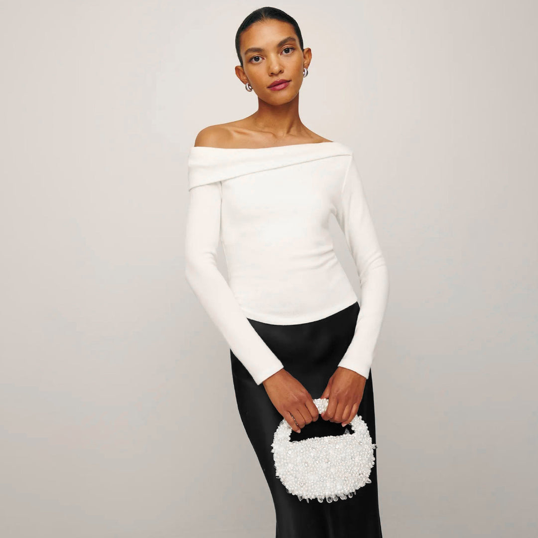 Damen Elegantes Langarmoberteil mit schrägem Ausschnitt und figurbetontem Schnitt R&B