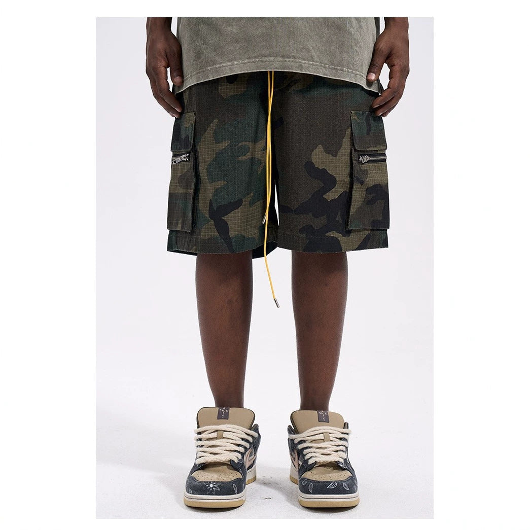 Herren nan Cargo-Shorts im Camouflage-Ripstop mit Elastikbund, Tunnelzug und Reißverschlusstaschen R&B