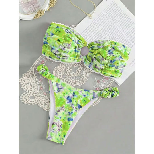 Damen Bandeau-Bikini mit romantischem Rüschendesign und verführerischem Blumenmuster R&B