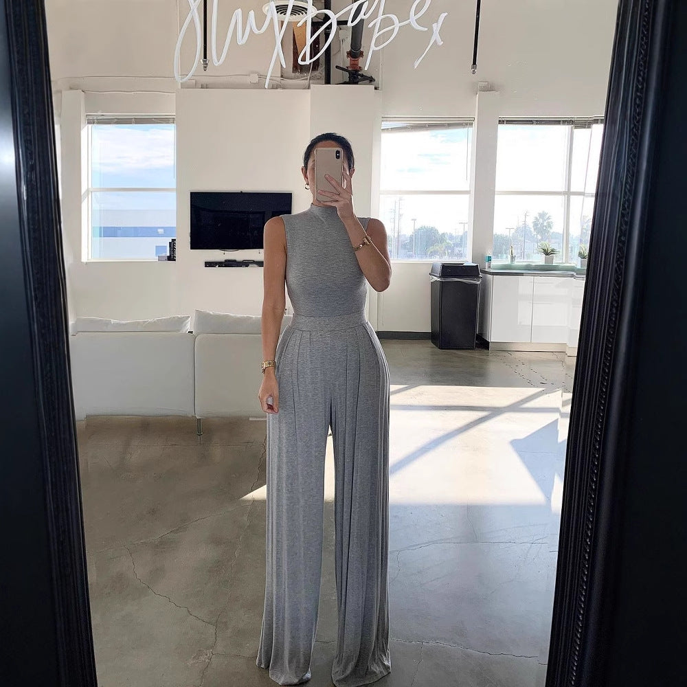 Damen Eleganter Jumpsuit mit hochgeschlossenem Design und weiten Beinen R&B
