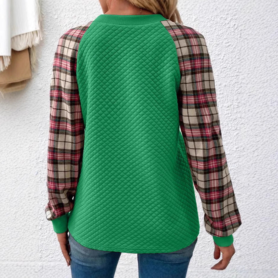 Damen Lässiger Sweatshirt mit gestepptem Design und karierten Ärmeln R&B