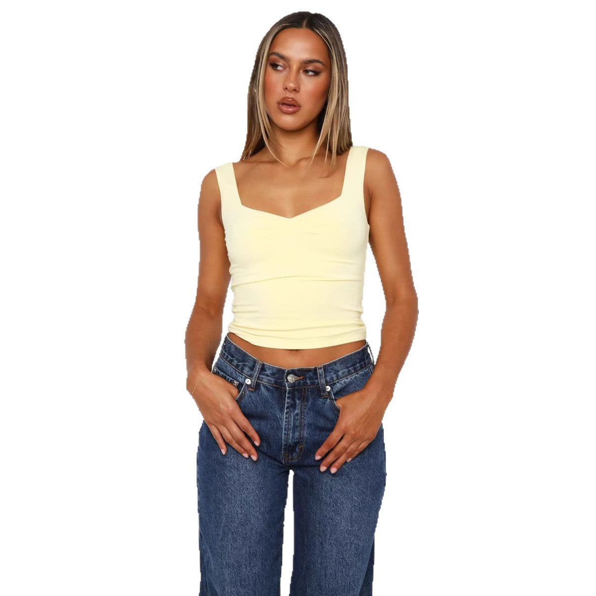 Damen figurbetontes Crop-Top mit breiten Trägern und V-Ausschnitt R&B