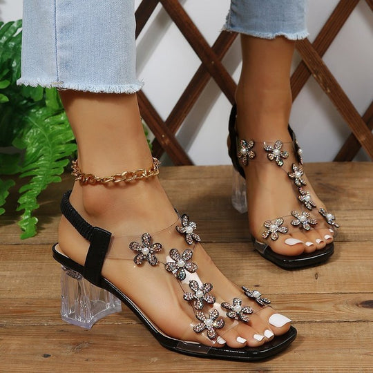 Damen Elegante Sandalen mit Blumenapplikationen und transparentem Absatz R&B