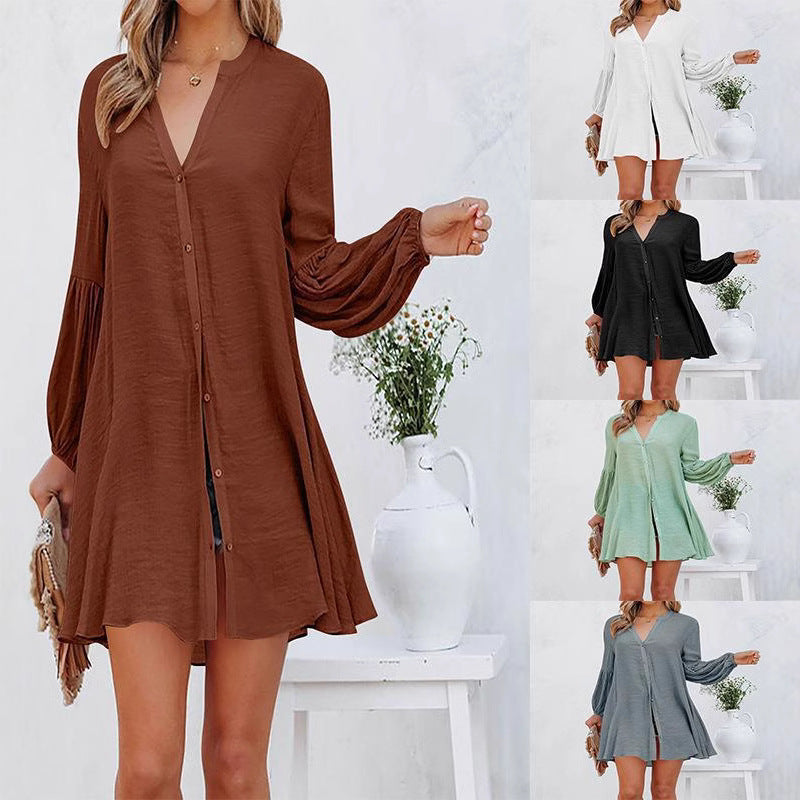 Damen Lässige Bluse mit Ballonärmeln und durchgehender Knopfleiste R&B