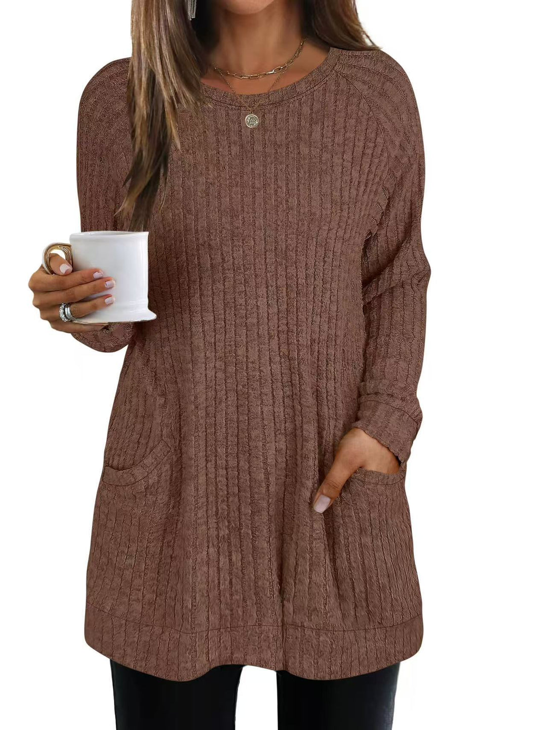 Damen lässiger Strickpullover mit seitlichen Eingrifftaschen und Rippenstruktur R&B