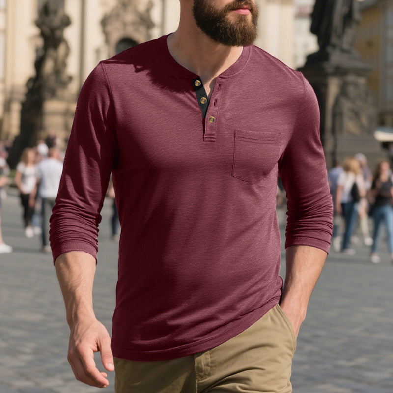 Herren nan schmal geschnittenes Henleyshirt mit Brusttasche und kontrastierender Knopfleiste R&B