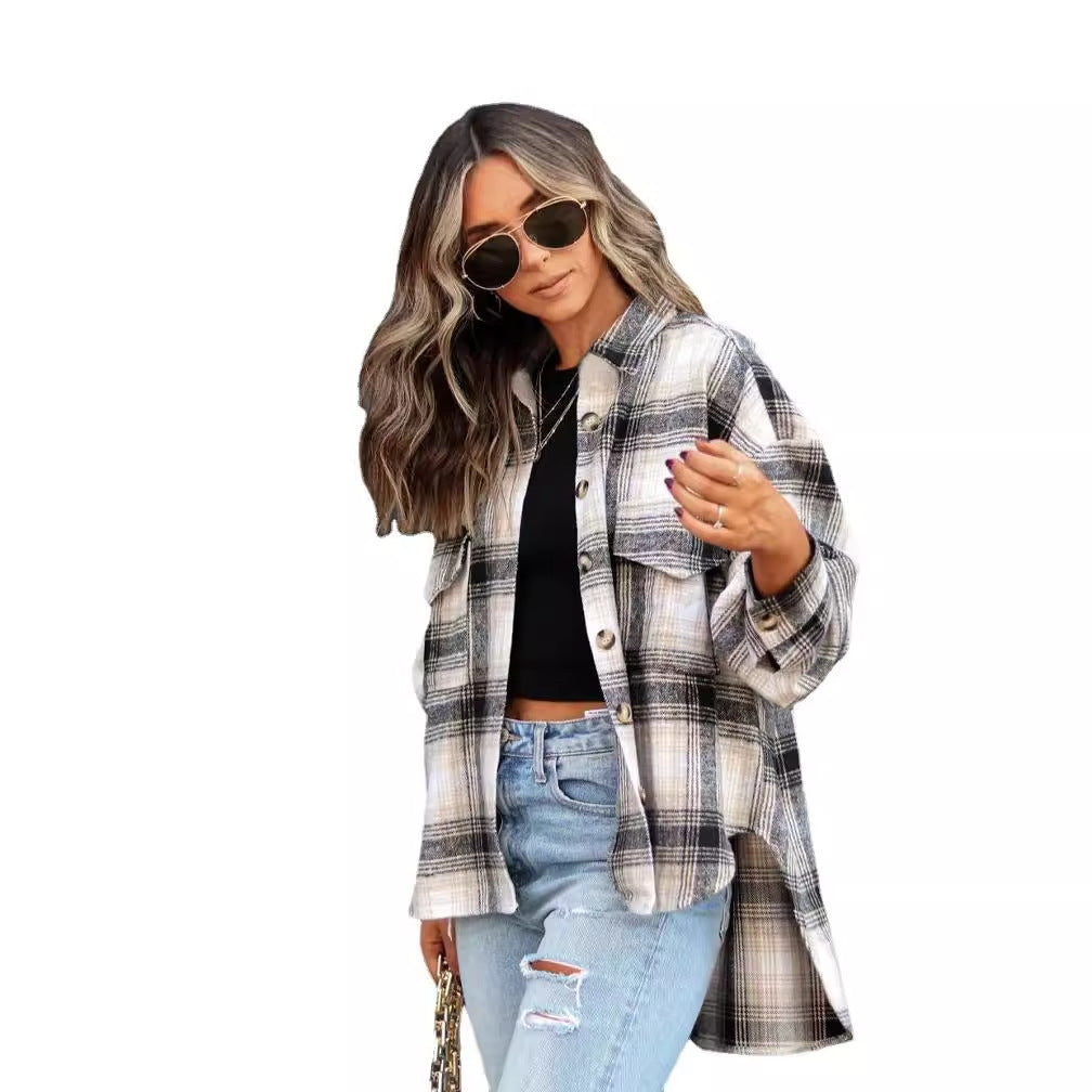 Damen Kariertes Oversized-Hemd im lässigen Stil R&B