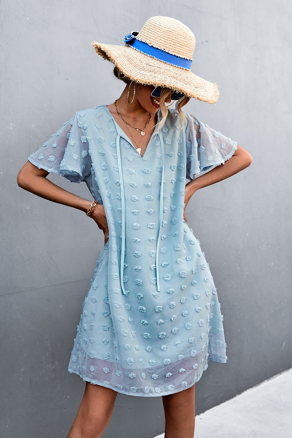 Damen Freizeitkleid mit luftigen Puffärmeln und Rüschenakzenten R&B
