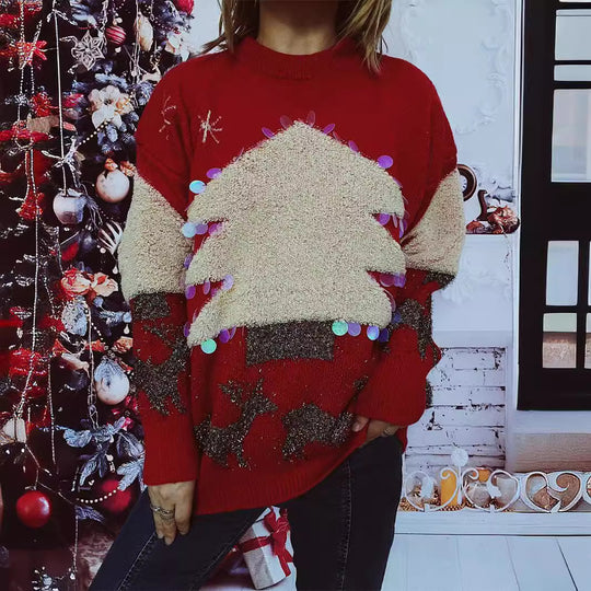 Damen festlicher Pullover mit weihnachtlichem Motiv und Glitzerapplikationen R&B