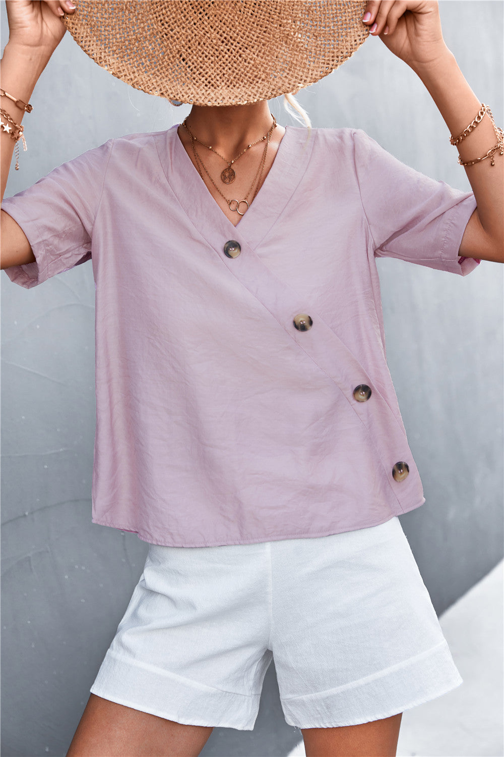 Damen lässige Bluse mit Wickeloptik und Knopfdetails R&B