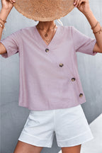 Damen lässige Bluse mit Wickeloptik und Knopfdetails R&B